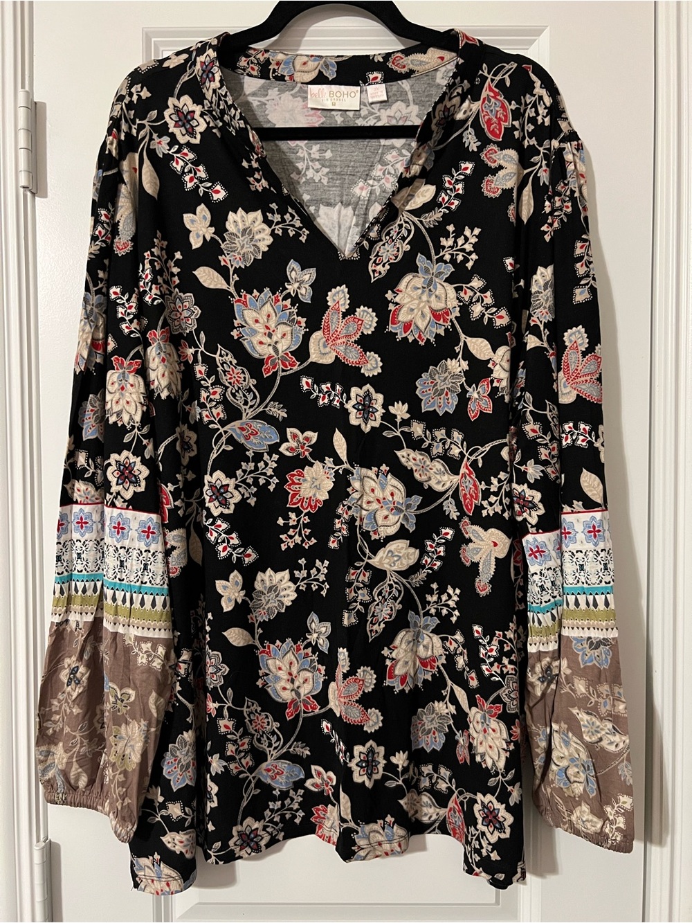 Floral Split-Neck Long Sleeve Top